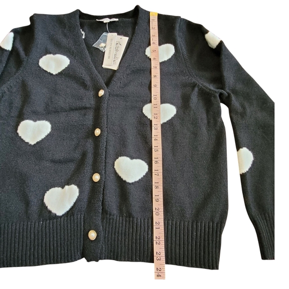 Nanette Lepore Heart Print Cardigan Black White Pearl Button XL Romantic Chic - Picture 15 of 17
